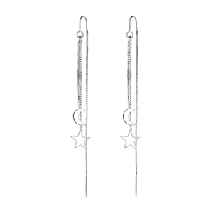 Elegant silver star and moon tassel drop earrings with long slender chain for women