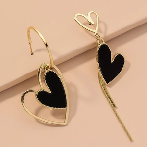 Vintage Asymmetric Heart Drop Earrings Alloy Enamel Hollow Long Chain Tassel With Silver Earring Post For Women