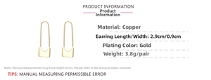 Detailed view of gold plated safety pin earrings with dimensions 2.9cm and 3.8g weight