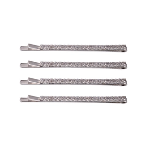 Set of four minimalist silver hairpins with sparkling rhinestones on white background