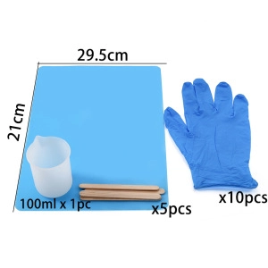 DIY tool set including blue silicone mat, 100ml measuring cup, stir sticks and gloves
