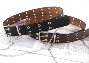Black and brown punk waist belts with double grommets and detachable metal chains
