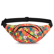 Detail of colorful geometric fanny pack with adjustable strap and headphone jack hole