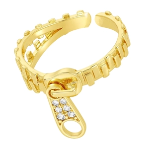 Vintage gold plated zipper ring for women with shimmering crystals and open adjustable band