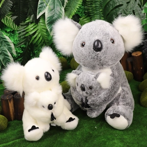Realistic gray and white mother and baby koala plush toys in a natural forest setting