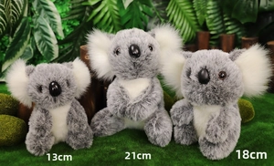 Dettaglio di peluche a forma di koala in altezze 13cm, 18cm e 21cm su sfondo di muschio