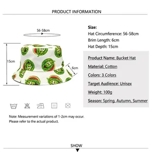 Breathable cotton bucket hat with green watermelon print for beach and outdoor wear
