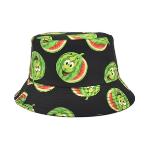 Detailed close-up of cartoon watermelon print on breathable cotton bucket hat
