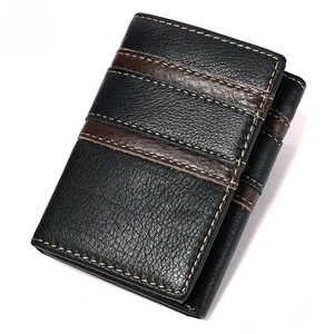 Men's tri-fold RFID blocking wallet in black pebbled leather with brown stripes