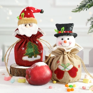 Christmas burlap drawstring gift bags with Santa Claus and Snowman 3D doll designs