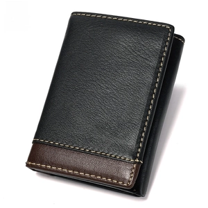 Three-fold leather wallet with RFID blocking technology in black and brown contrast design