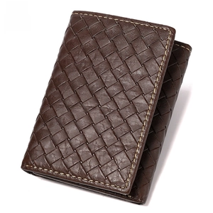 Close-up of brown woven genuine leather wallet with advanced RFID blocking protection