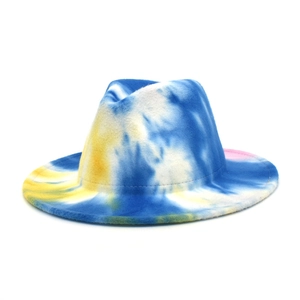Artistic blue and yellow tie-dye wool fedora hat with a classic wide brim for travel