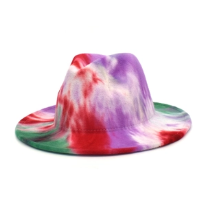 Multi-color tie-dye wool fedora hat with a classic jazz style and flat brim design