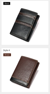 Close-up of RFID blocking leather trifold wallets in black and brown with pebbled texture