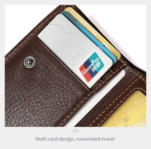 Detailed close-up of dark brown genuine leather wallet showing RFID card slots