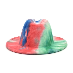 Detail shot of the tie-dye pattern on this wool felt fedora with vibrant color gradients