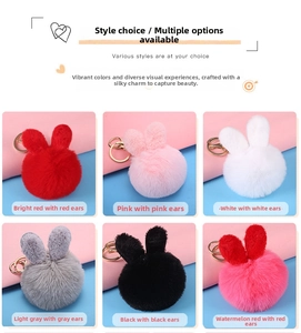 Fuffy plush rabbit ear keychains in six assorted colors with golden ring clips