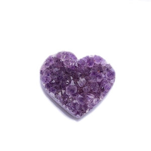 Natural heart-shaped amethyst geode cluster specimen on a clean white background