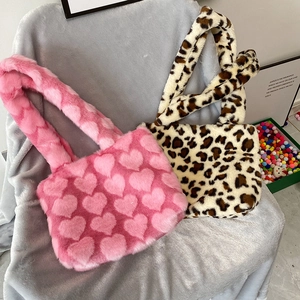 Plush tote bags in heart and leopard prints for winter, soft faux fur shoulder bags