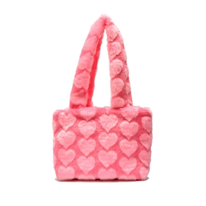 Cute pink plush tote bag with light pink heart patterns and soft faux fur texture
