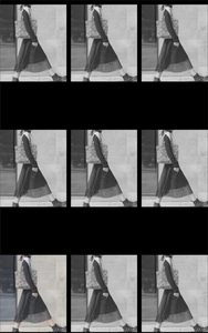 Lookbook grid showing a zebra pattern canvas tote bag styled with a pleated skirt