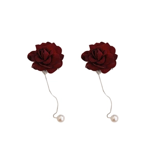 French vintage silver needle earrings with red flowers and white pearl pendants