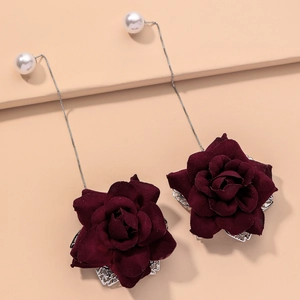 Vintage burgundy velvet rose earrings with white pearl studs and silver metal chains