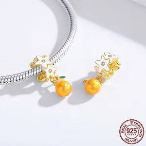 925 sterling silver fruit charm with white enamel flower and orange bead on chain