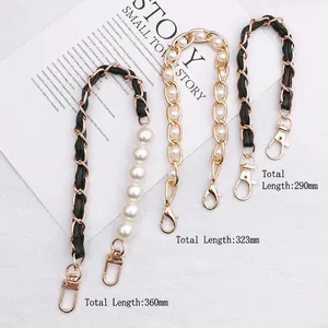 DIY pearl phone case strap and bag handle chain in black leather and zinc alloy