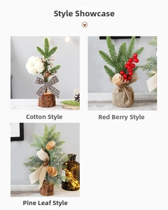 Detailed views of mini Christmas trees with red berries and pine needles on wood bases