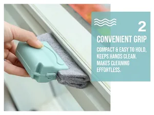 Close-up of ergonomic handheld brush cleaning narrow window track gaps and grooves