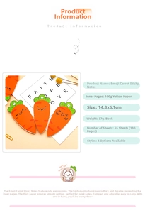 Detailed specs for carrot shaped notepad with 14.3x6.1cm size and 65 sheets on white background