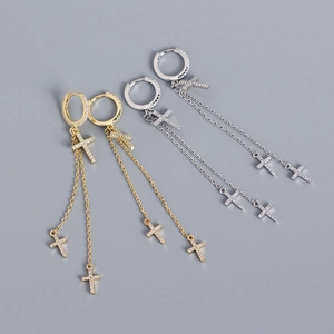 925 Sterling Silver Cross Tassel Dangle Earrings Sparkling Zircon Drop Ear Buckles For Women Elegant Jewelry