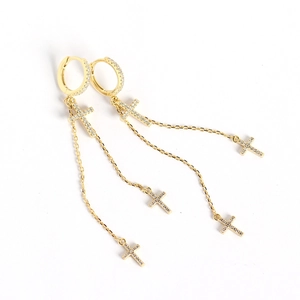 Golden S925 silver cross tassel earrings with sparkling diamond stud fringe drops