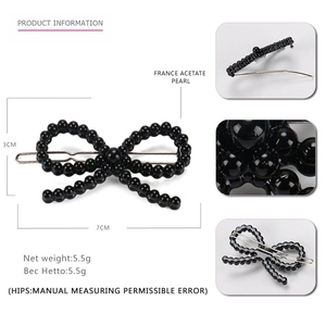 Detailed view of black acetate pearl bow hair clip with size specs and metal back grip