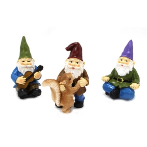 Three miniature resin garden gnomes playing guitar, dancing with squirrel, and meditating