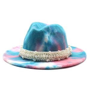Chic tie-dye wool fedora hat with blue and pink gradient and pearl band decoration