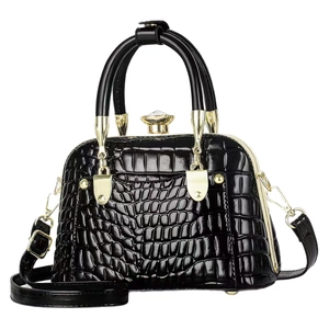 Elegant black crocodile embossed patent leather tote bag with gold hardware for women