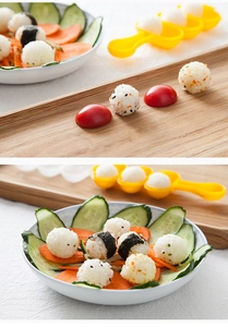 Detail of round rice balls made with a yellow food-grade plastic triple mold shaper