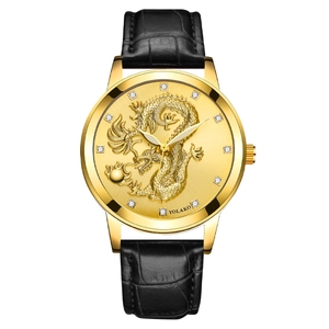 Men Quartz Watch Gold Dragon Relief Luxury Rhinestone Waterproof Leather Strap Chinese Style Business Fashion Wristwatch