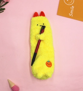 Close-up of cute yellow plush shrimp tempura pencil case with embroidery details