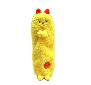 Detailed view of yellow plush pencil case with cute embroidery and soft texture