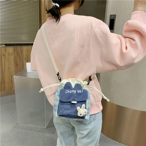 Blue plaid canvas bucket bag with drawstring closure and cute rabbit decor detail