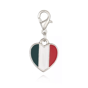 Close-up of heart-shaped pendant with Italy flag enamel colors and silver lobster clasp