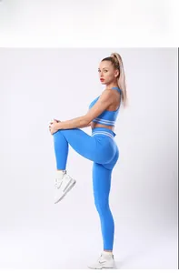 Détail du legging de yoga bleu taille haute et haut avec texture à rayures verticales
