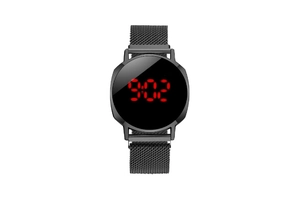 Close-up of black mesh strap digital watch showing red LED time 9:02 display