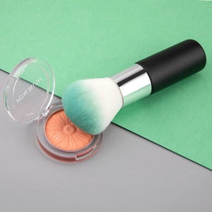 Détail du pinceau à maquillage dégradé vert menthe près du fard à joues à motif pétale