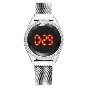 Fashion women's LED touch screen digital watch with rhinestone bezel and silver mesh strap