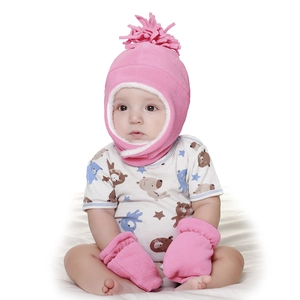 Pink fleece winter hat and gloves set with warm ear flaps and soft plush lining for babies